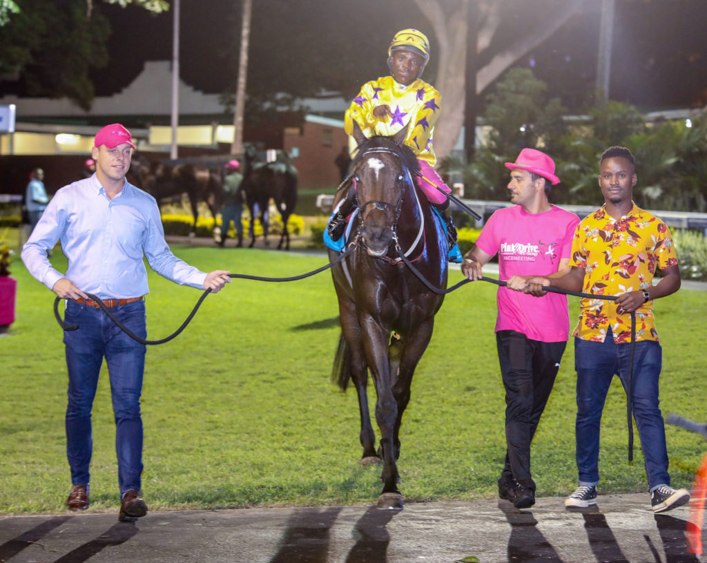 Lauren Of Rochelle being led in at Hollywoodbets Greyville after winning the 3rd race on March 29th, 2019.