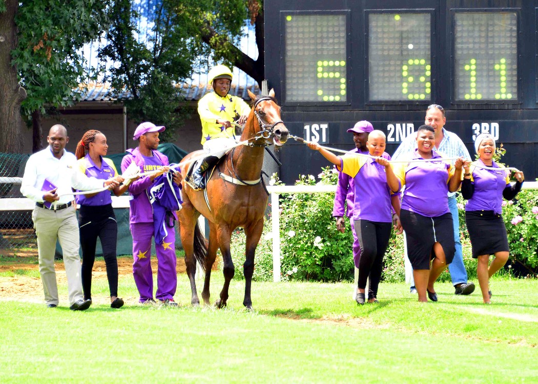 LOOK TO THE SKY getting led in after his victory at the Vaal on 29 January 2019