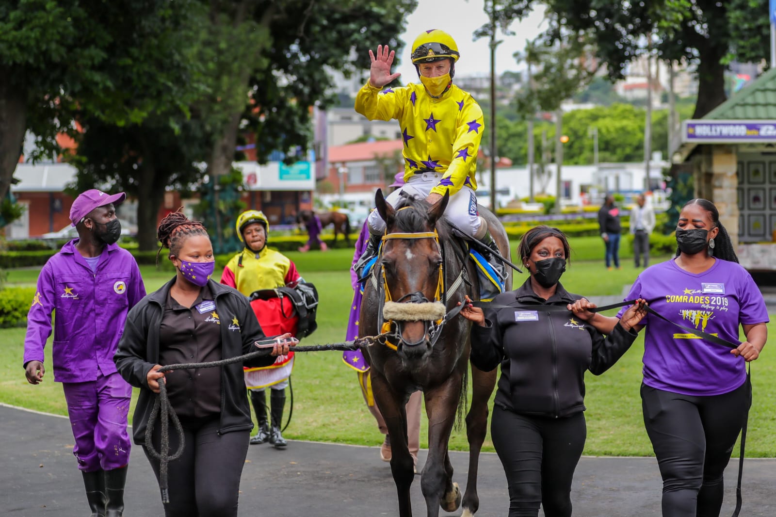 Horse being led in by people after winning a race