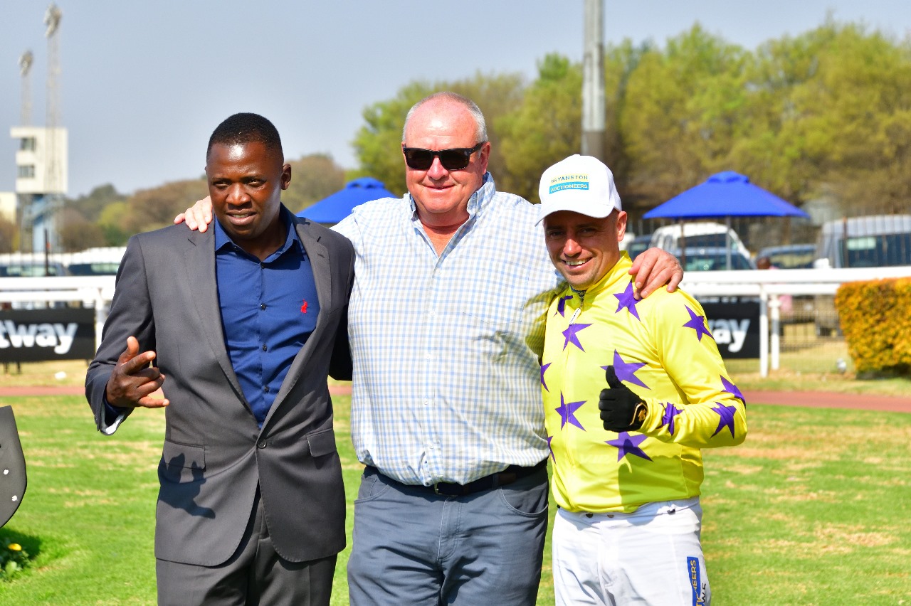 David Dlamini, Mike de Kock, JP van der Merwe after TROIS TROIS QUATRE (horse) wins at Turffontein